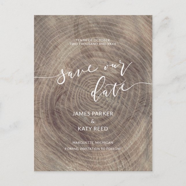 Rustikales Holz Save the Date Postkarte (Vorderseite)