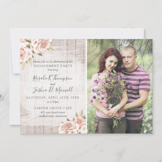 Rustikales Holz & Shabby Rose Engagement Party Fot Einladung (Vorderseite)