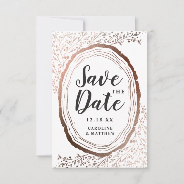 Rustikales Holz Slice Kupfer Foil Herbst Hochzeit  Save The Date (Vorderseite)
