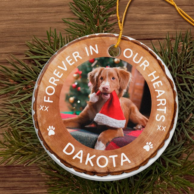 Rustikales Holz-Slice-Memorial Foto Keramik Ornament (Rustic Woodgrain Slice Memorial Pet Photo Ceramic Ornament)