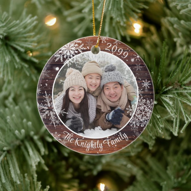 Rustikales Holz Snowflake Foto Personalisiert Keramik Ornament (Baum)