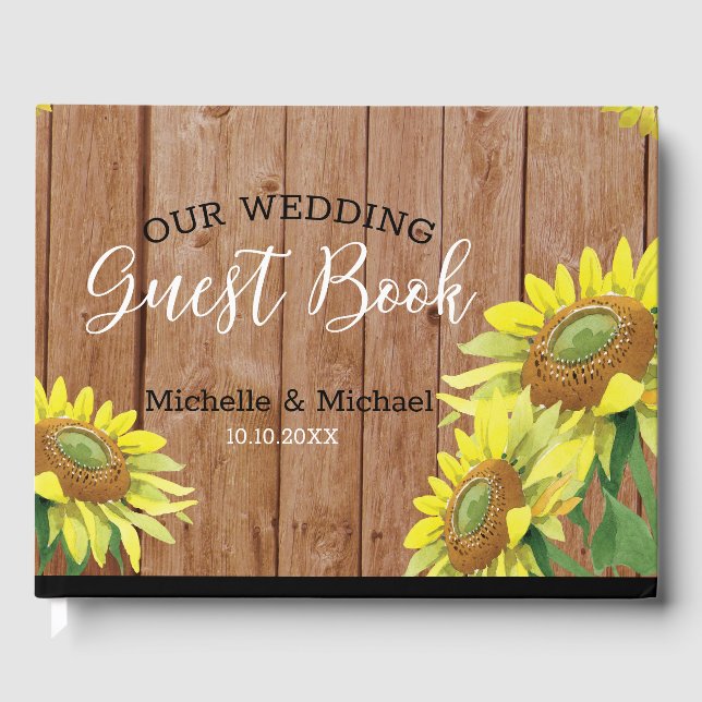 Rustikales Holz Sonnenblume Hochzeitskuppel Foto Gästebuch (Vorderseite)