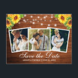Rustikales Holz Sonnenblumen 3 Foto Save the Date Einladungspostkarte<br><div class="desc">Rustikales Holz und String Lights 3 Foto Save the Date Verlobung Ankündigung Postcard beinhaltet Aquarell Sonnenblumen und Grün</div>