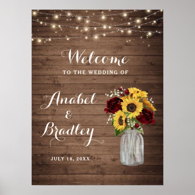 Rustikales Holz Sonnenblumen Burgundy Jar Begrüßun Poster (Vorne)