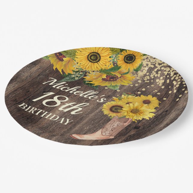 Rustikales Holz Sonnenblumen Cowboy Boots 18. Gebu Pappteller (Schrägansicht)