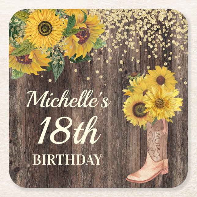 Rustikales Holz Sonnenblumen Cowboy Boots 18. Gebu Rechteckiger Pappuntersetzer (Vorderseite)