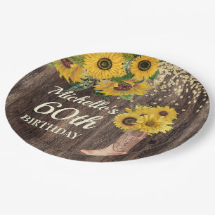 Rustikales Holz Sonnenblumen Cowboy Boots 60. Gebu Pappteller