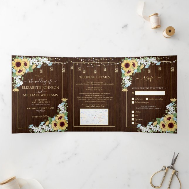 Rustikales Holz Sonnenblumen Dusty Blue Floral Wed Dreifach Gefaltete Einladung (Innenseite)