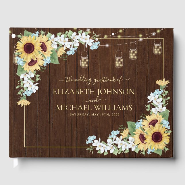 Rustikales Holz Sonnenblumen Dusty Blue Floral Wed Gästebuch (Vorderseite)