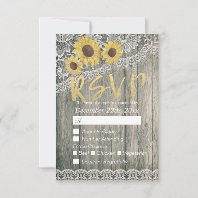 Rustikales Holz Sonnenblumen Elegantes Spitzen Hoc RSVP Karte (Vorderseite)