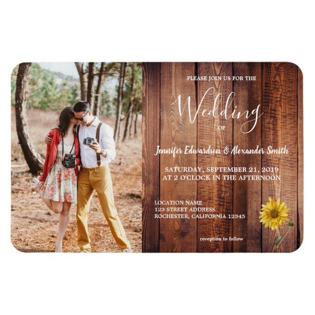Rustikales Holz Sonnenblumen Foto Hochzeit Einladu Magnet (Horizontal)