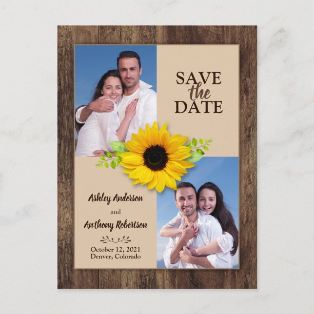 Rustikales Holz Sonnenblumen Foto Save the Date Po Postkarte (Vorderseite)