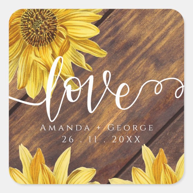 Rustikales Holz Sonnenblumen Gelbe Liebe Hochzeit  Quadratischer Aufkleber (Vorderseite)