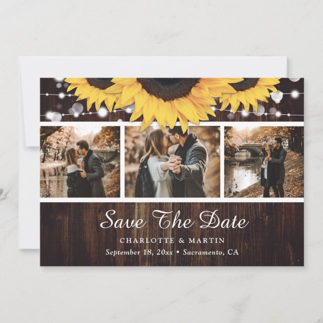 Rustikales Holz Sonnenblumen Hochzeitssemble Foto Save The Date (Vorderseite)