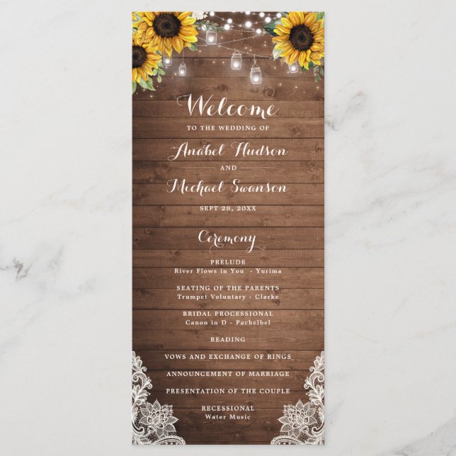 Rustikales Holz Sonnenblumen Lichter Lace Mason Ja Programm (Vorderseite)