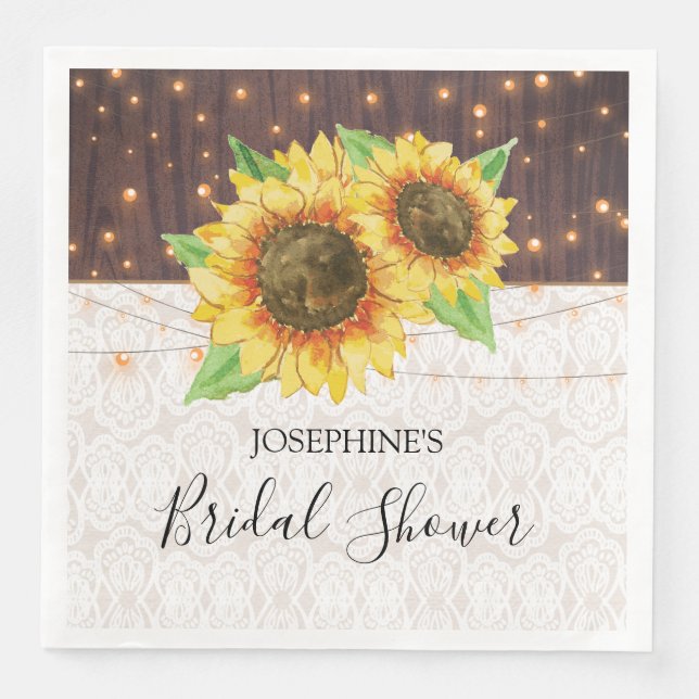 Rustikales Holz Sonnenblumen Lichter Spitzen Braut Serviette (Vorderseite)
