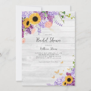 Rustikales Holz Sonnenblumen Lilac Floral Brautpar Einladung