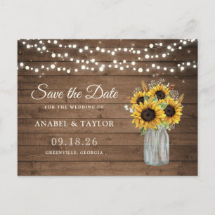 Rustikales Holz Sonnenblumen Mason Jar Save the Da Ankündigungspostkarte