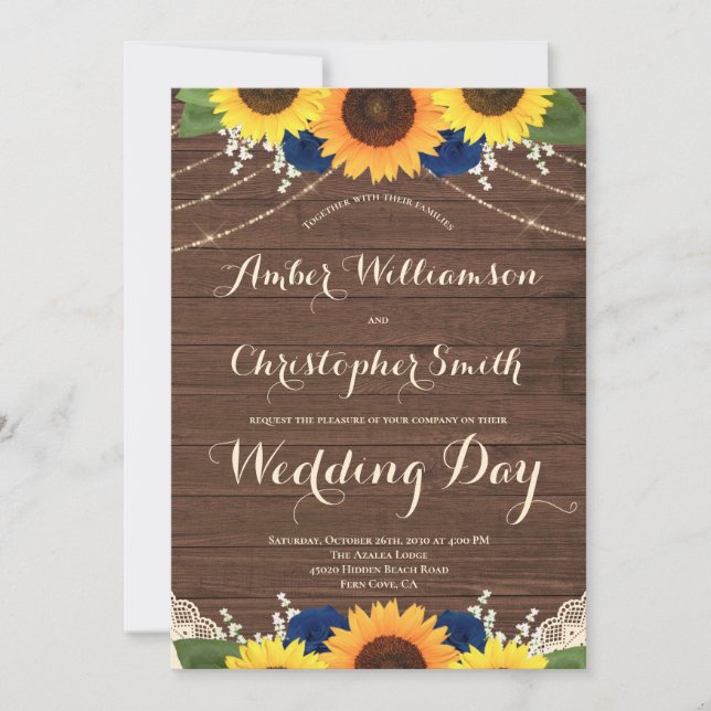 Rustikales Holz Sonnenblumen Navy Blue Rose Hochze Einladung (Vorderseite)