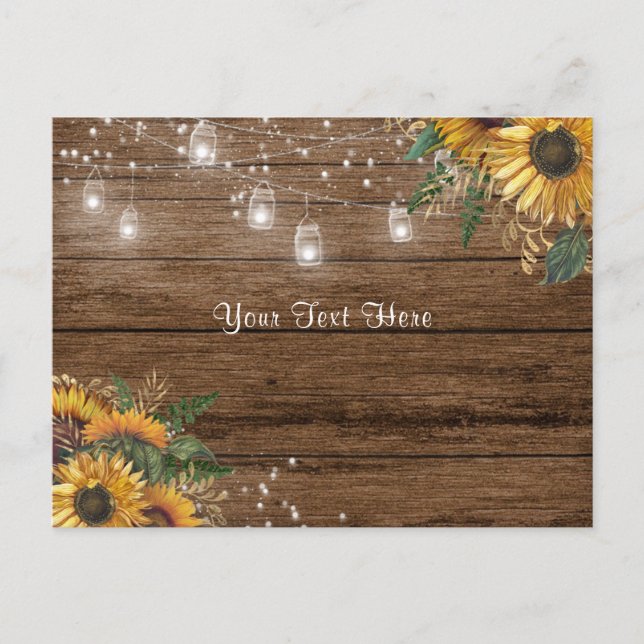 Rustikales Holz, Sonnenblumen, Saitenleuchten und  Postkarte (Vorderseite)