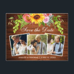 Rustikales Holz Sonnenblumen Save the Date Foto Einladungspostkarte<br><div class="desc">Rustikales Holz,  Aquarellblume mit Rose,  Peonies und Grünpflanzen,  Save the Date 3 Foto Verlobung Announcement Card</div>