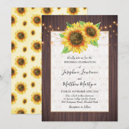 Rustikales Holz Sonnenblumen String Lights Hochzei Einladung