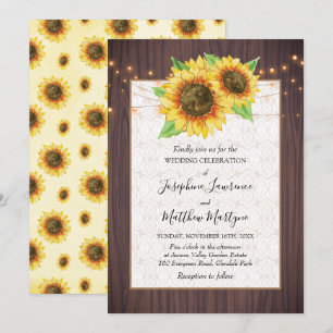 Rustikales Holz Sonnenblumen String Lights Hochzei Einladung