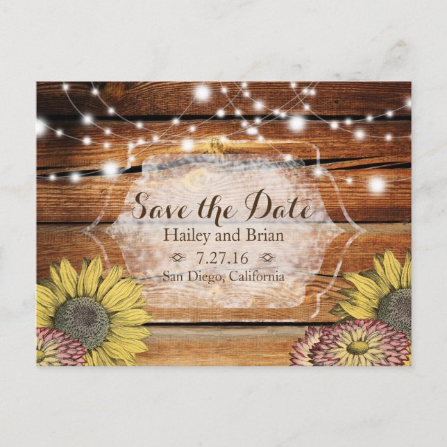 Rustikales Holz, Sonnenblumen, Typografie Save the Ankündigungspostkarte (Vorderseite)