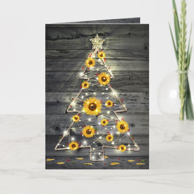 Rustikales Holz Sonnenblumen Weihnachtsbaum Urlaub Karte (Vorderseite)