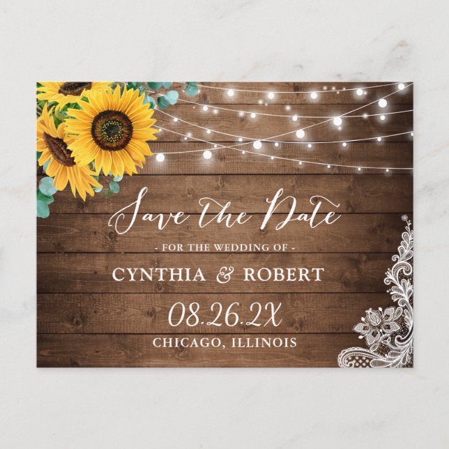 Rustikales Holz Sonnenblumenleuchten Save the Date Postkarte (Vorderseite)