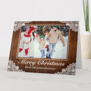 Rustikales Holz & Spitzen Foto Frohe Weihnachtsgrü Karte