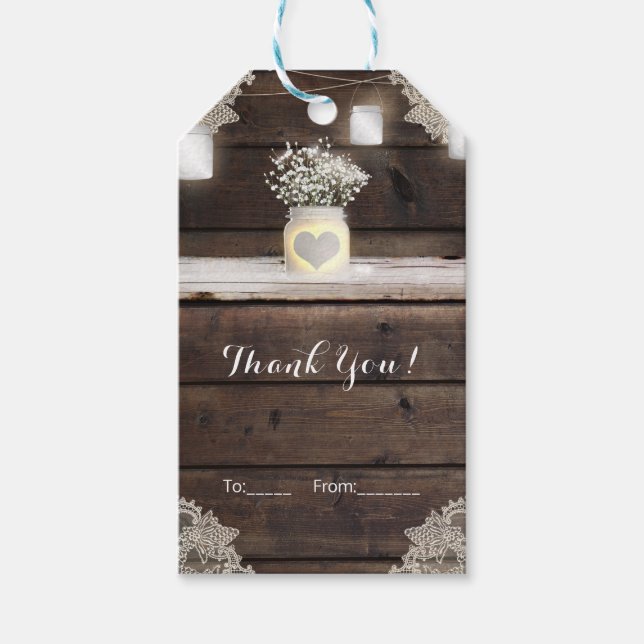 Rustikales Holz, Spitzen & Mason Jars Barn Elegant Geschenkanhänger (Vorderseite)