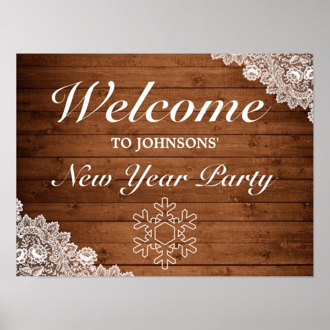 Rustikales Holz & Spitzen Schneeflocke Neujahr Beg Poster (Vorne)