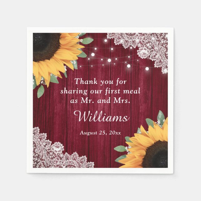 Rustikales Holz Spitzen Sonnenblume Burgundy Weddi Serviette (Vorderseite)