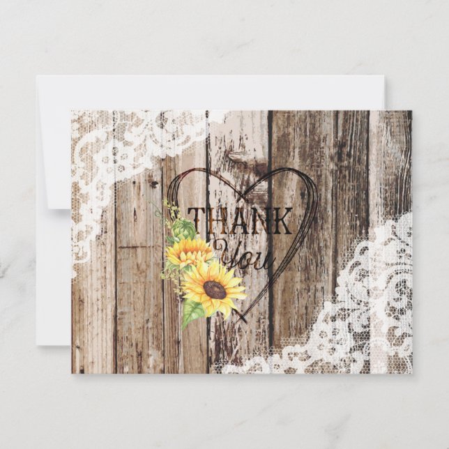 Rustikales Holz Spitzen Sonnenblumen Herz Etching  Dankeskarte (Vorderseite)