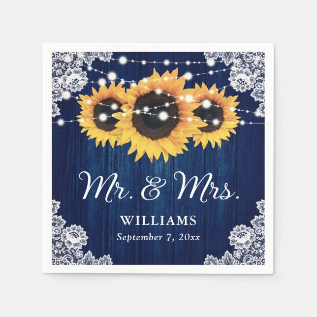 Rustikales Holz Spitzen Sonnenblumen Navy Blue Wed Serviette (Vorderseite)