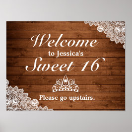 Rustikales Holz & Spitzen Tiara Sweet 16 Begrüßung Poster