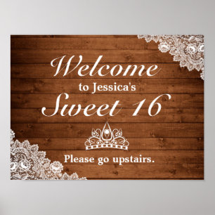 Rustikales Holz & Spitzen Tiara Sweet 16 Begrüßung Poster