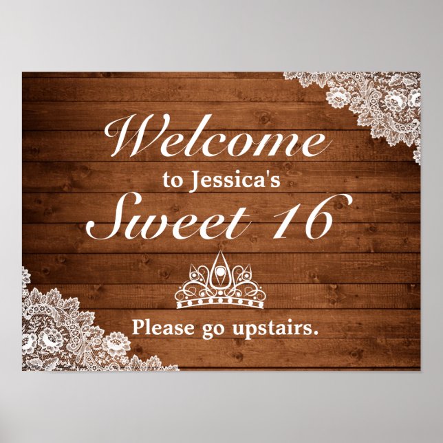 Rustikales Holz & Spitzen Tiara Sweet 16 Begrüßung Poster (Vorne)