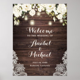 Rustikales Holz Spitzen Weiße Blume Hochzeit Begrü Poster