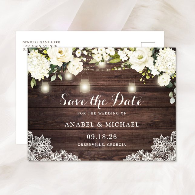 Rustikales Holz spitzt weiße Blume Save the Date Ankündigungspostkarte (Von Creator hochgeladen)