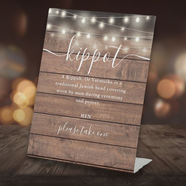 Rustikales Holz strahlt jüdische Hochzeit Kippot Y Sockelschild (Rustic Wood Lights Jewish Wedding Kippot Yarmulke Pedestal Sign)