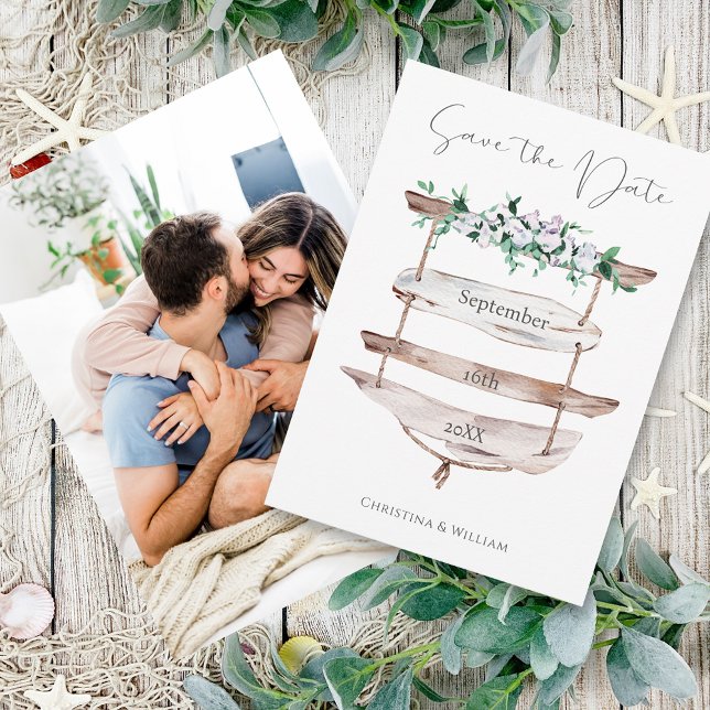 Rustikales Holz Strand Schild Aquarell Blumenfogto Save The Date (Von Creator hochgeladen)