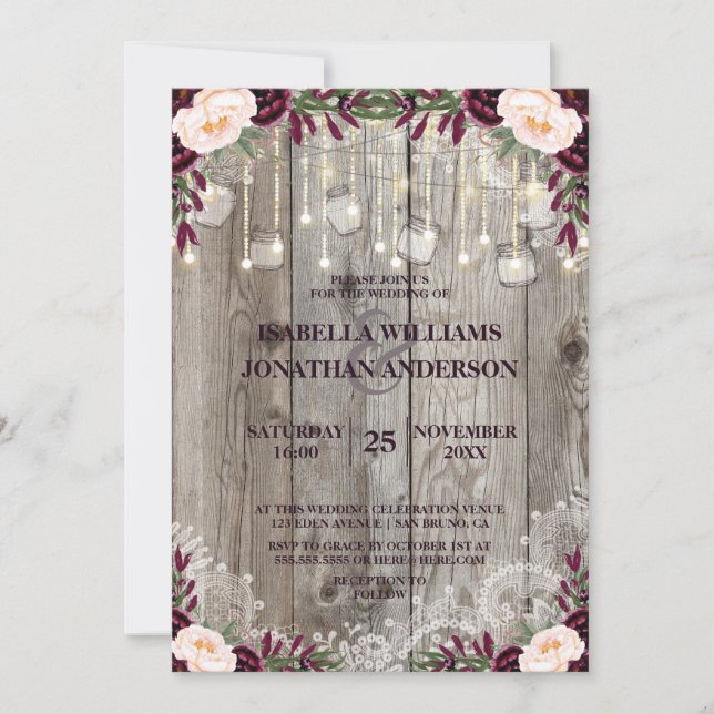 Rustikales Holz & Streichellichter Lace Jar Weddin Einladung (Vorderseite)