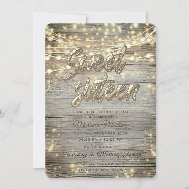 Rustikales Holz Streichlichter glänzen Gold Einladung (Vorderseite)