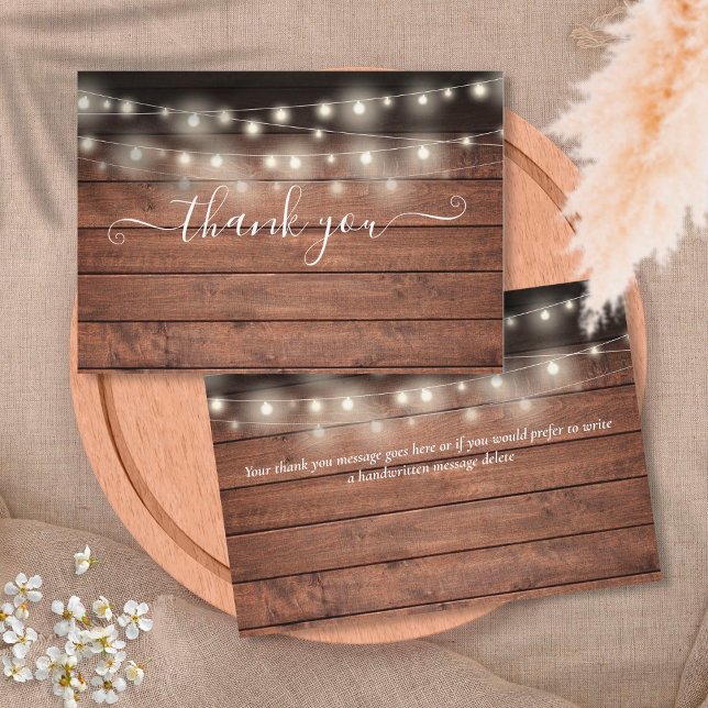 Rustikales Holz-String-Licht-Skript Dankeskarte (Von Creator hochgeladen)