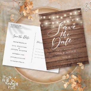 Rustikales Holz-String-Licht-Skript Save the Date Postkarte