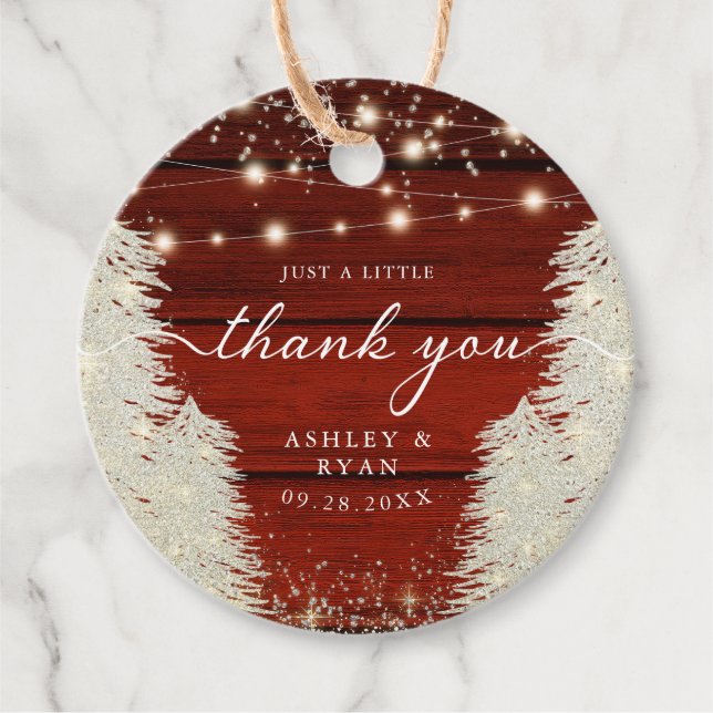 Rustikales Holz-String Lichter Bäume Hochzeit Viel Geschenkanhänger (Vorderseite)