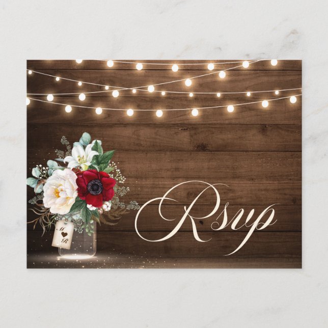 Rustikales Holz String Lights Burgund Floral UAWG Postkarte (Vorderseite)