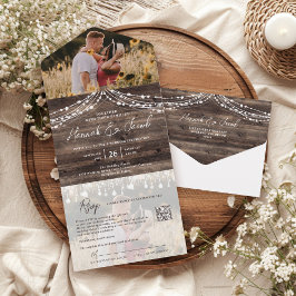 Rustikales Holz String Lights Foto QR Code Wedding All In One Einladung